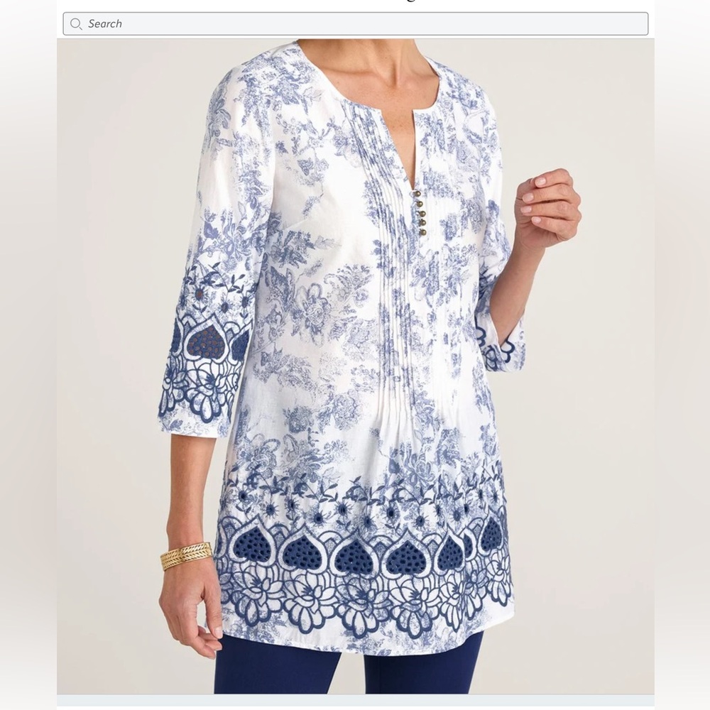 Blue & White Floral Border Tunic Top - Women's